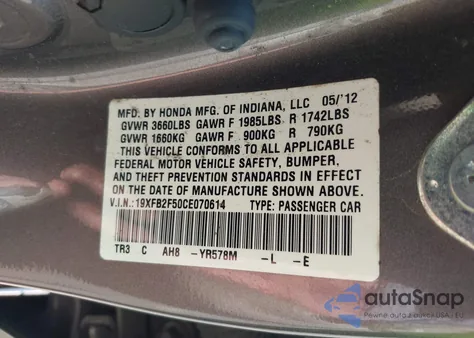 2012 Honda Civic Lx from USA, damaged, VIN 19XFB2F50CE070614